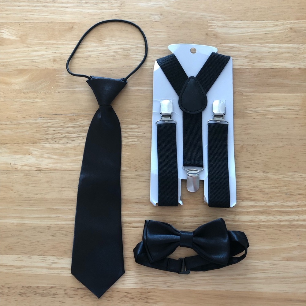 Toddler Boys Black Neck Tie, Bow Tie and Suspenders Set